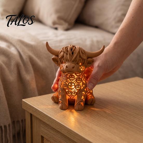 Decorative Table Lamp Highland Cow Tea Light Candle Holder, 3D Printed Figurine with LED Unique Home Accents Light, Warm Tabletop Decor for