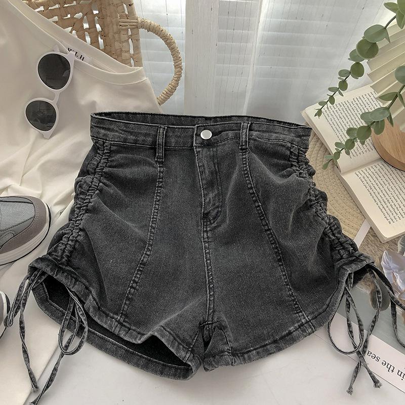Dar Kesim Moda Çok Yönlü İpli Denim Şort Kadın Yaz İnce Kısım Yüksek Bel Tasarım Anlayışı Bağlı A-kesim Slim Pantolon Düz Geniş Paça Pantolon