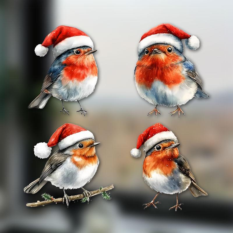 4pcs/1sheet Christmas Bird Window Glass Stickers Self-adhesive Vinyl Decal for Living Room Bedroom Kitchen Waterproof Home Decor