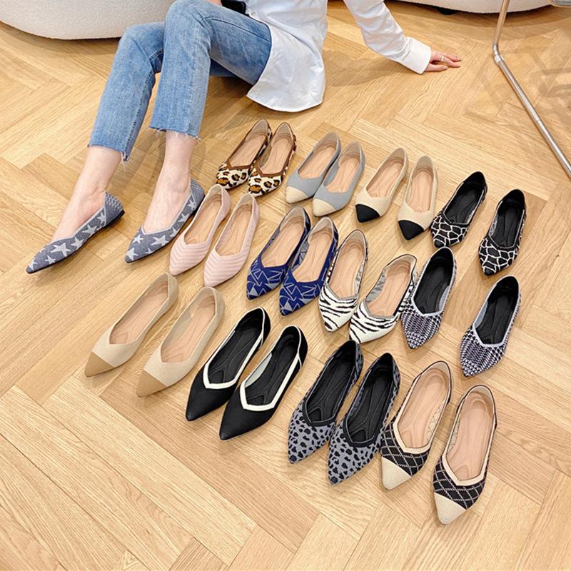 Samma Enkla Skor Dam År Stickade Vävda Skor Flygande Stickade Äggrulle-skor Platta Möss-skor