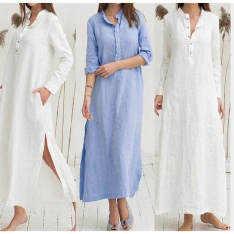 

National Style Retro Long Skirt Made of Linen and Cotton, Long and Loose Waist Dress 3XL небо синє кольору