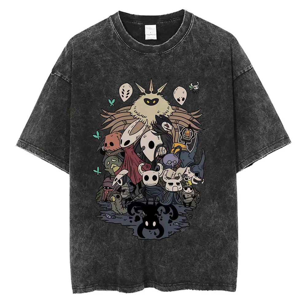 

Выстиранная винтажная игровая футболка с карманным графическим принтом Hollow Knight для мужчин и женщин, повседневные забавные футболки, мужские футболки из 100% хлопка 3XL