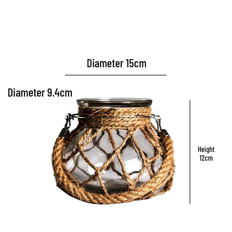 Retro Dried Flower Arrangement Glass Vase with Hemp Rope – Transparent Desktop Ornament for Home Decor