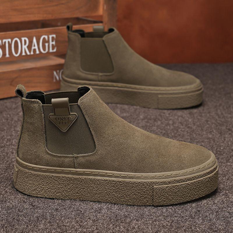 Chelsea Men's Retro Leather Martin High-Top Ankle Boots, One-Step, Thick-Soled, Versatile for Autumn/Winter.