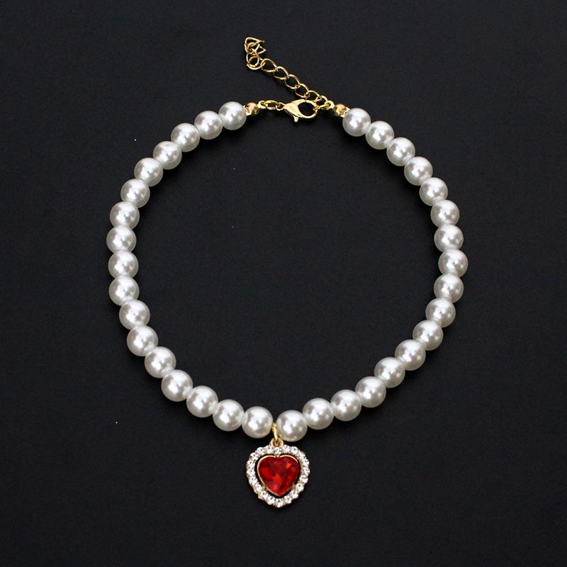 Fashion cat and dog pet pearl necklace accessory colorful love diamond pendant cat cat dog neck chain cute