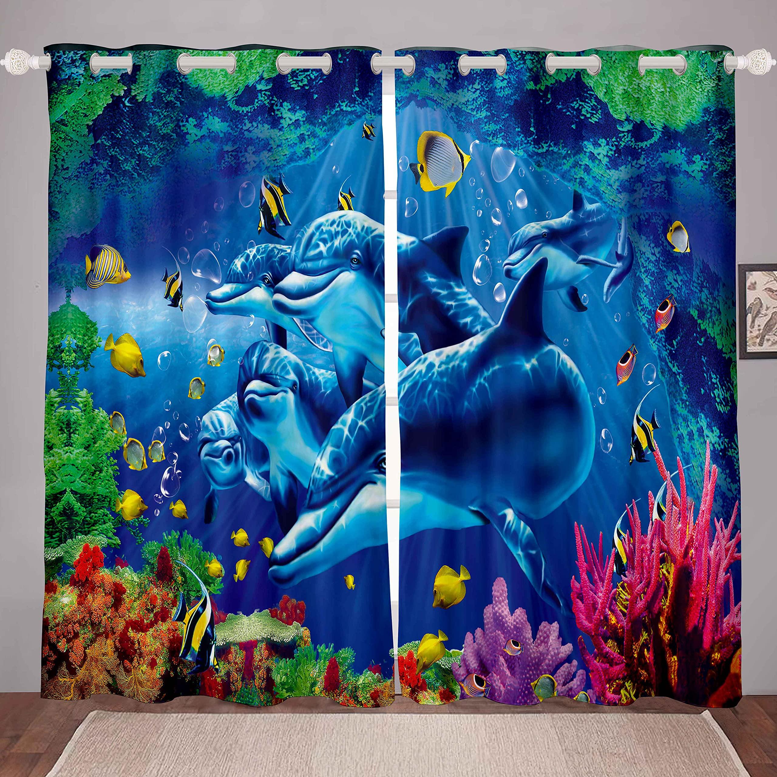 Niedliche Vorhänge mit Cartoon-Delfin, Ösen, lichtfilternd, Fensterdruckmuster, Meerestier-Thema, Vorhang für Schlafzimmer und Wohnzimmer, 2 Paneele W70 X H185cm X 2&Grommet Top blue