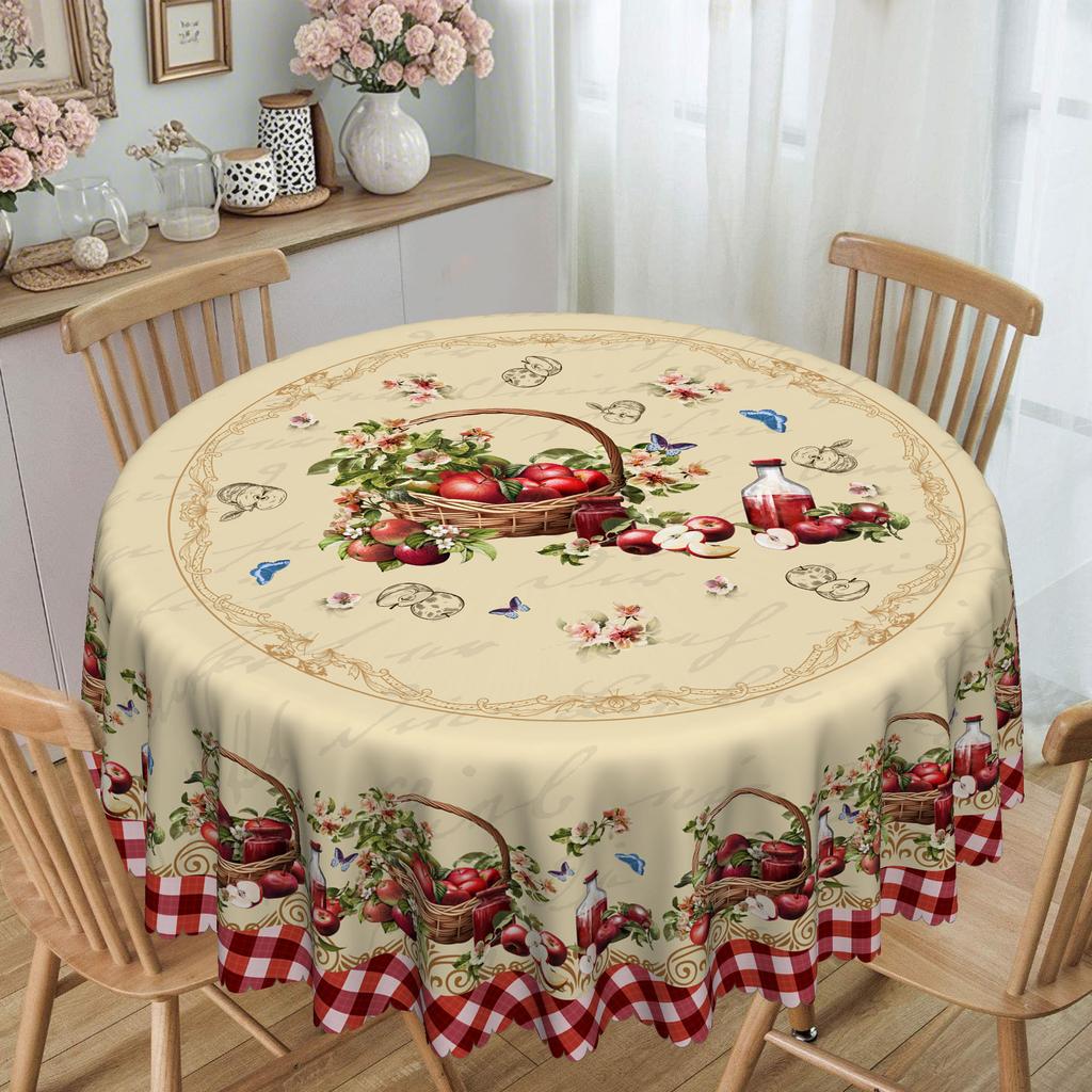 Vintage Farmhouse Apple Tablecloth, Red Cow Check And Rustic Design, Durable Polyester Round Rectangular Tablecloth