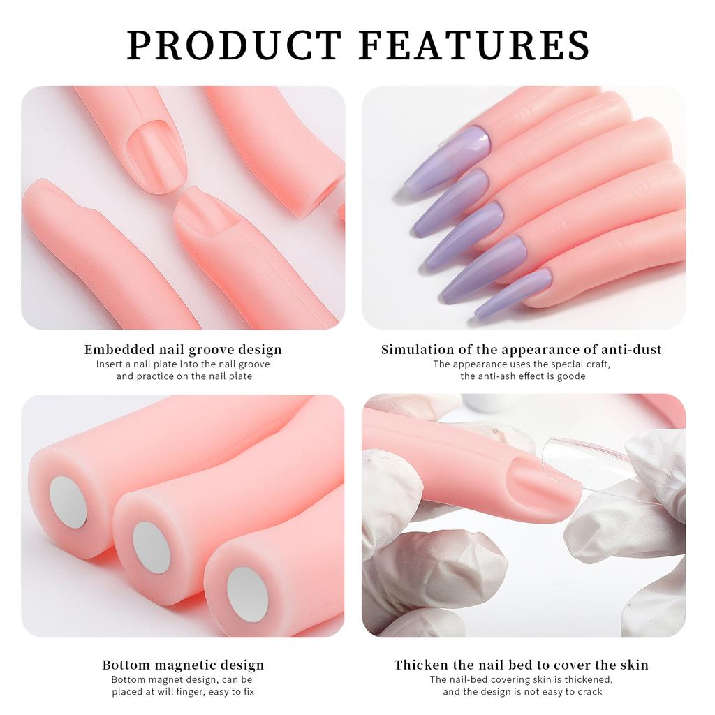 5Pcs/Set Nail Art Practice Hand False Finger Silicone Nails With Magnet Can Be Insert  Nail Plate Manicure Tools Display