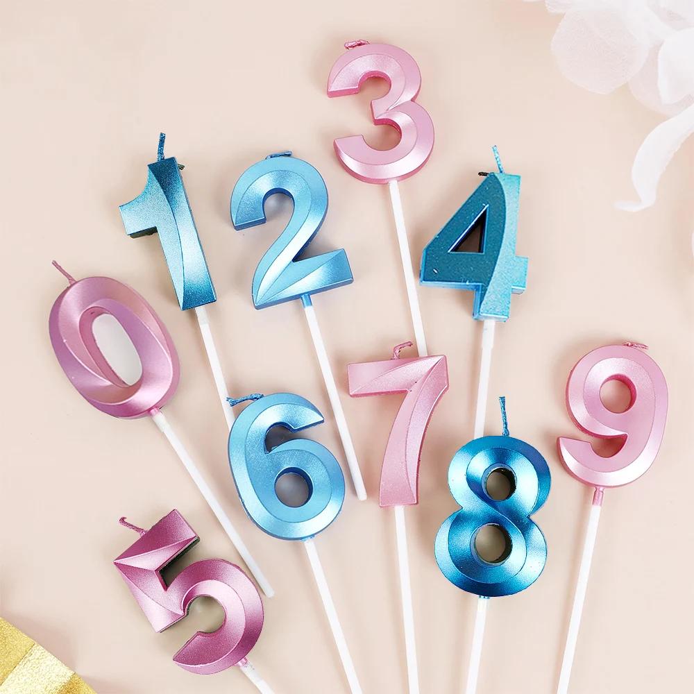 0-9 Numer Candle Pink Blue Happy Birthday 3D Number Candles Cake Topper Decoration Baby Shower Supplies Wedding Party Decor