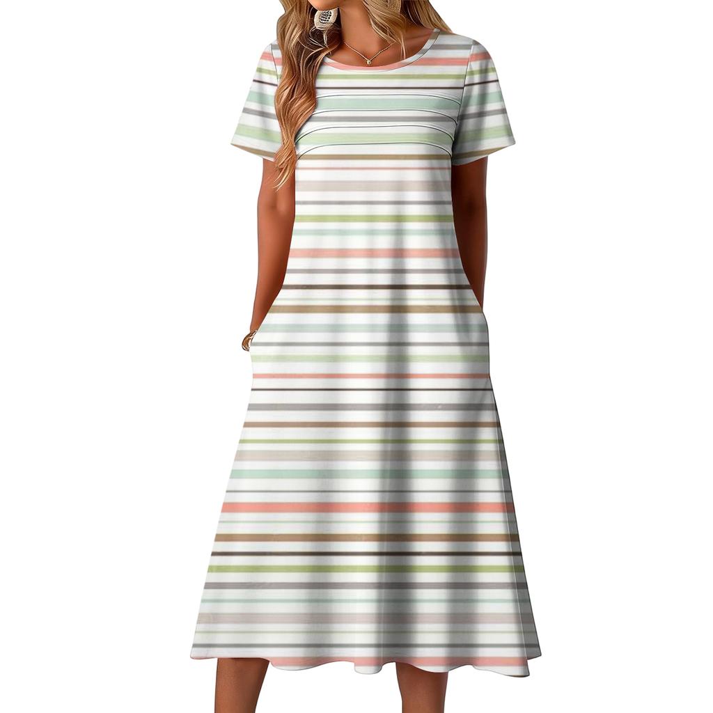 Ladies' Striped Printed Casual and Fashionable Short Sleeved Round Neck Dress