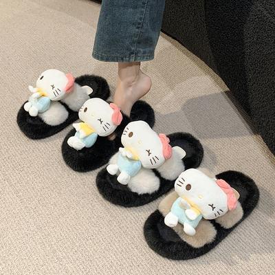 High-value Cute Kitten Fluffy Slippers for Women's Autumn New Versatile One-word Slippers for Women's Outer Wear