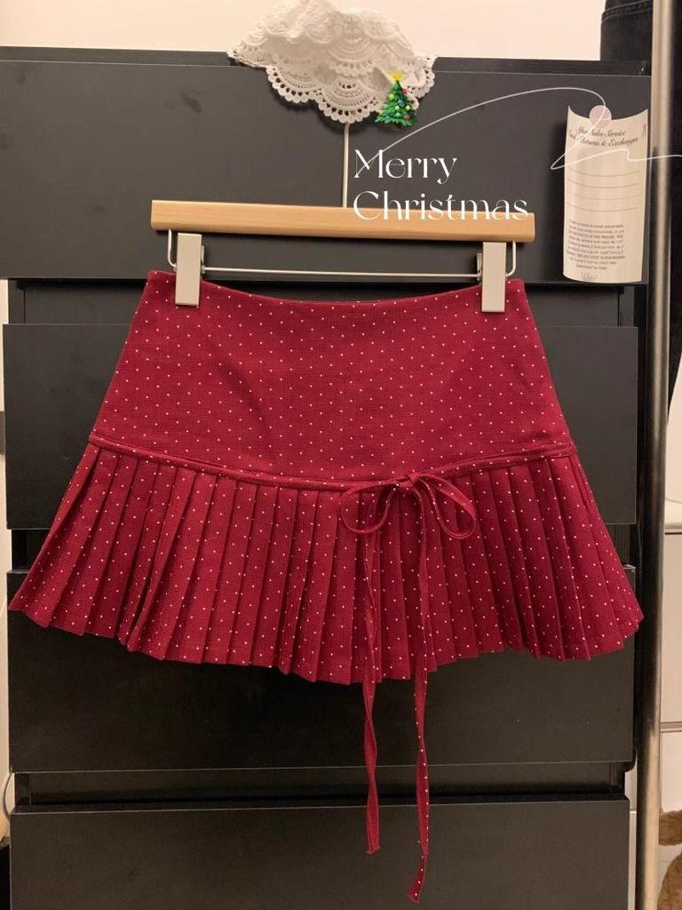 Polka Dot Bow Tie Pleated Mini Skirt with Lace-Up - A-Line, Anti-Exposure, Girlish Summer Design