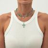 European and American Imitation Turquoise Cross Beaded Necklace, Retro Love Bow Pendant Collarbone Chain