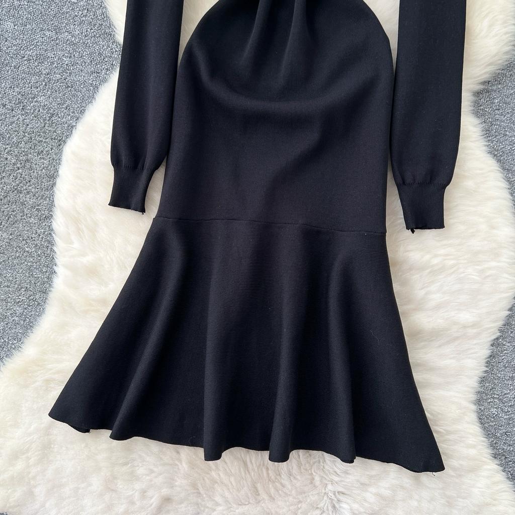 Spring Autumn Women Vintage Hepburn Style Black Full Sleeve Knitted Sweater Slim Fishtail Dresses