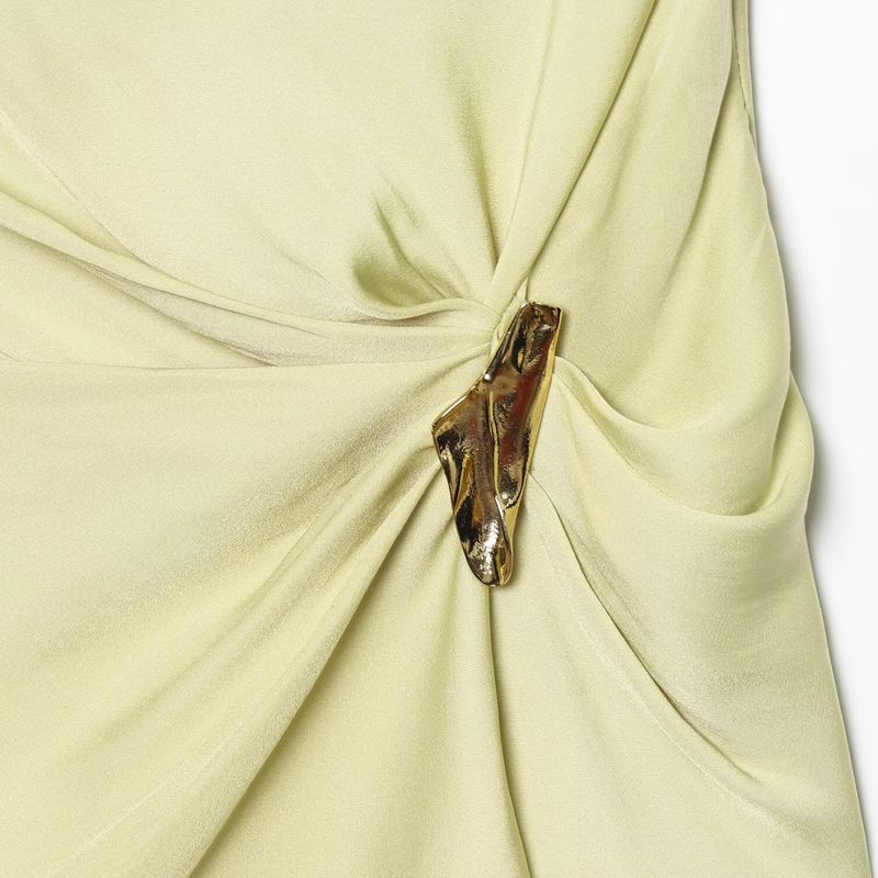 Kaslead New Women Clothes Western Style Silk Satin Texture Asymmetric Collar Sleeveless Top 5029110 727