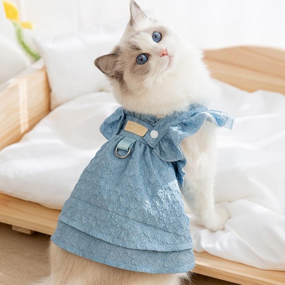 New Denim Dog Dresses Blue Color Flying Sleeves Puppy Girl Clothes with Leash Ring Cute Small Dog Apparel for Chihuahua