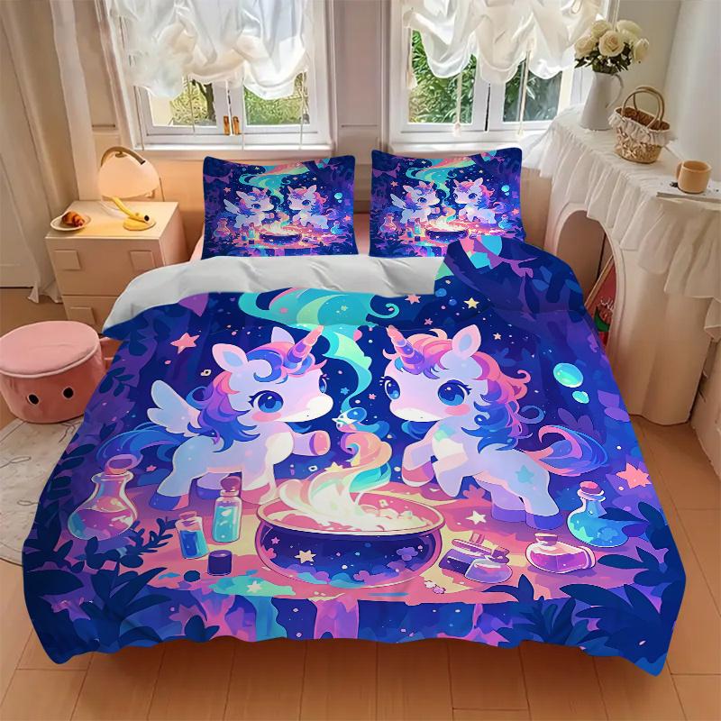 3pcs Magic Potion Two Unicorns Quilt Cover Set - Soft and Cozy Bedroom, Guest Room and Dorm Decorative Bedding 3-Piece Set 1 Quilt Cover + 2 Pill