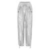 Womens Metallic Shiny Cargo Pants Elastic Waistband Ruffled Trim Multi Pockets Jogger Trousers