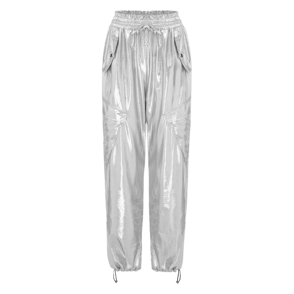 Womens Metallic Shiny Cargo Pants Elastic Waistband Ruffled Trim Multi Pockets Jogger Trousers