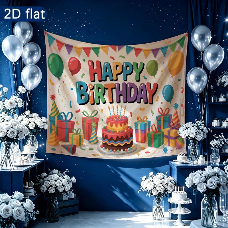 Floral Balloons Cake Birthday Banner for Party Decor, Polyester Backdrop for Photo Booth & Wall Art