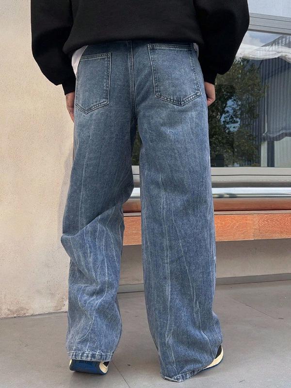 Men's Retro Letter Print Wide Leg Jeans - Artistic High Street Style