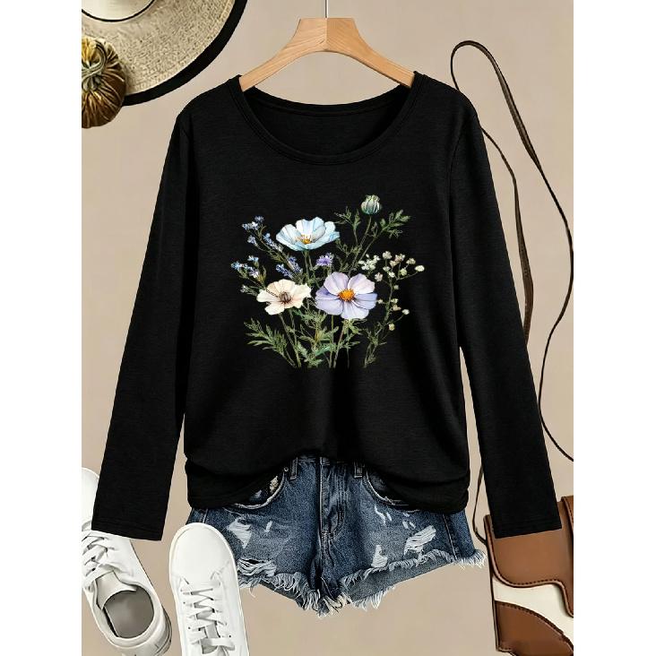 1Pieces Women's Round Neck Long Sleeve T Shirt Floral Print All-Season Casual Wear Shipped from Local Warehouse Everyday Versatile Top Perfect