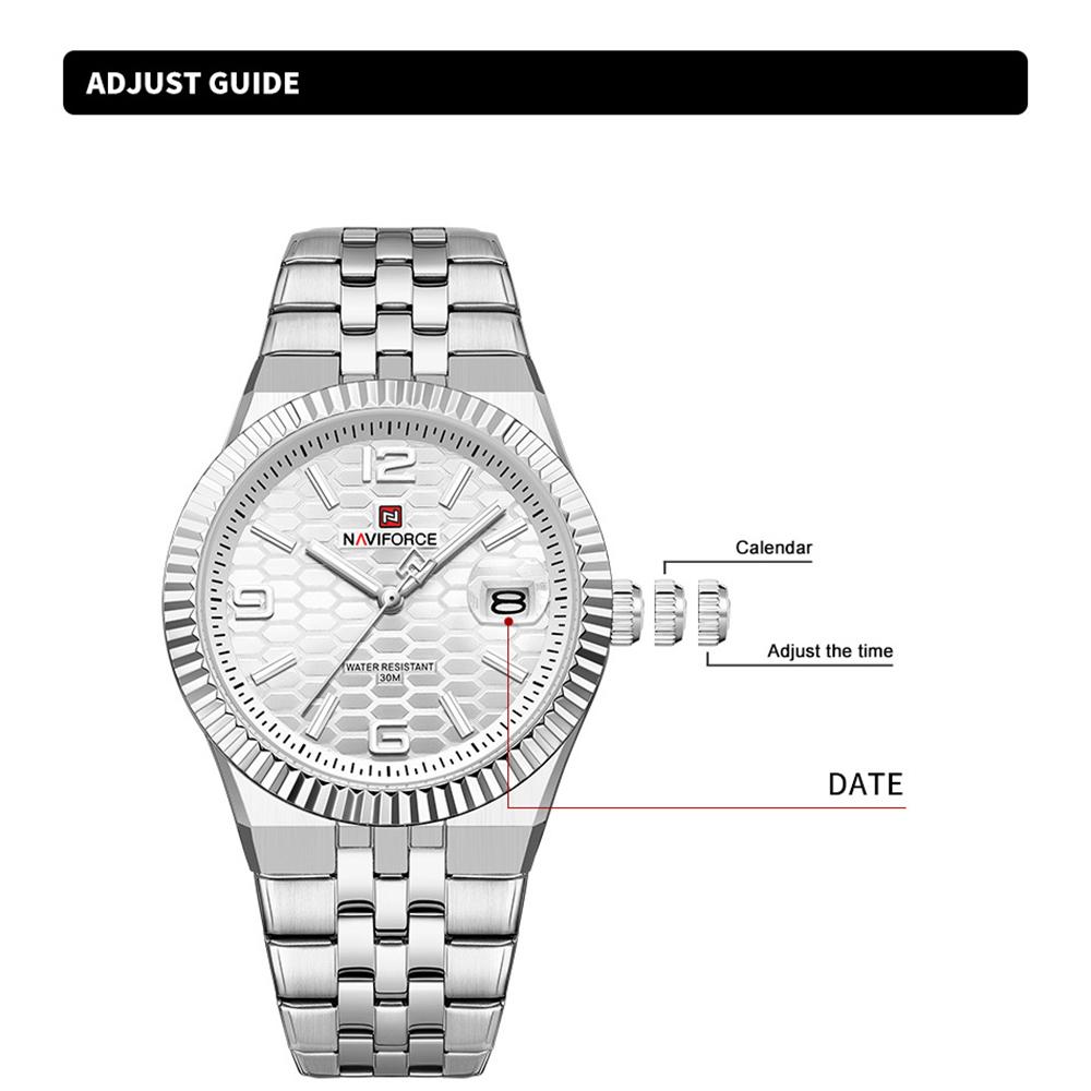 NAVIFORCE Original Men Quartz Watch Calendar Stainless Steel Strap Luminous Hands Honeycomb Dial Design Waterproof 3ATM Men Watch NF9277