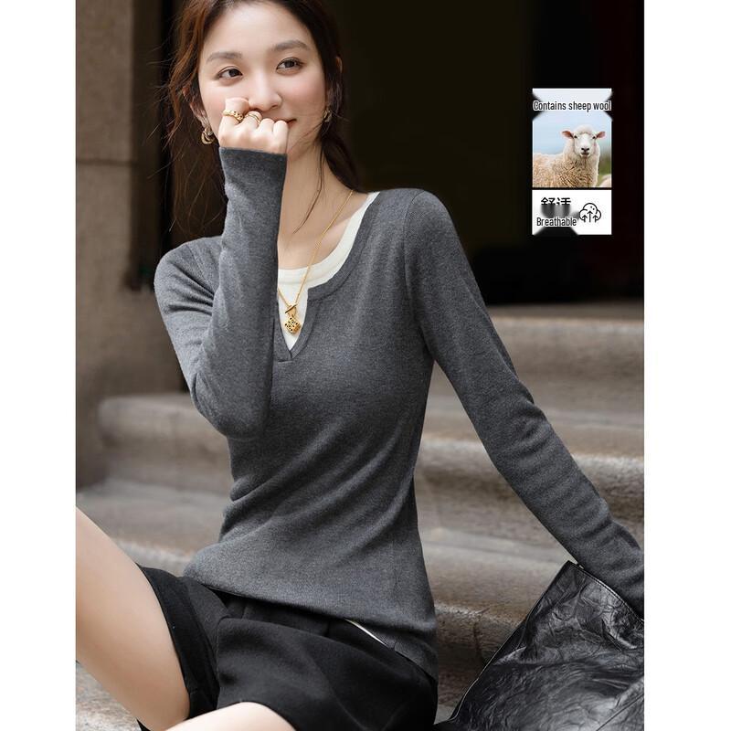 

Women s Faux Two-Piece Color-Block Slim-Fit Knit Sweater with Wool M