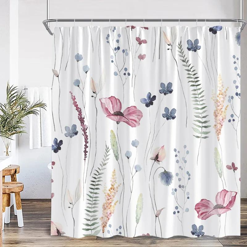 Blue Leaf Watercolor Plant Shower Curtain Modern Minimalist Home Bathroom Decorative Fabric Shower Curtain with Hook