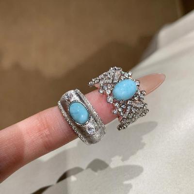 Vintage Mittelalterlicher Leichter Luxus Hochwertiger Gebürsteter Diamantbesetzter Türkisring Nischen Design Schwerindustrie Breite Version Ring