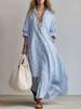 2026 European and American Vertical Striped Lapel Shirt-style Dress, Loose Shoulder Long-sleeved Lotus Leaf Pendulum Super Long Shirt Skirt