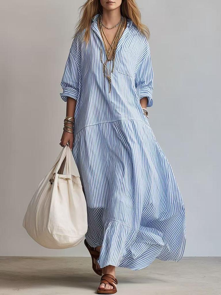 2026 European and American Vertical Striped Lapel Shirt-style Dress, Loose Shoulder Long-sleeved Lotus Leaf Pendulum Super Long Shirt Skirt