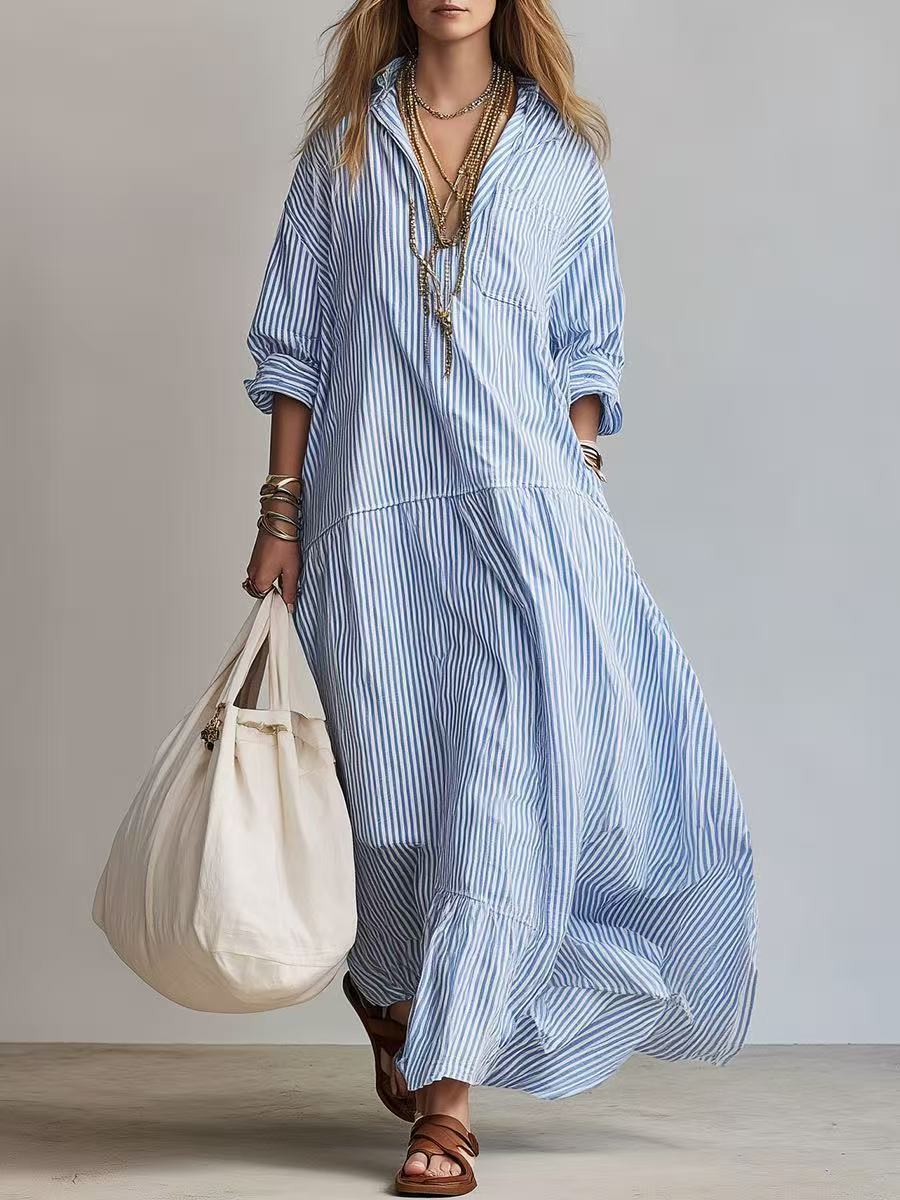 2026 European and American vertical striped lapel shirt-style dress, loose shoulder long-sleeved lotus leaf pendulum super long shirt skirt S