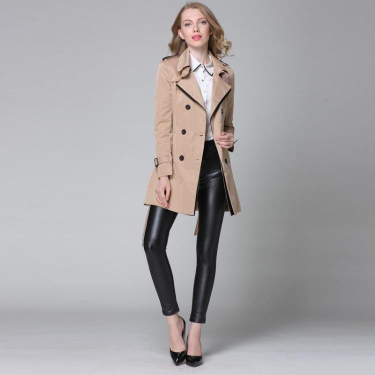 Doppelreihiger Business-Trenchcoat Damen Klassischer Gürtel Europäisch Khaki Schwarz