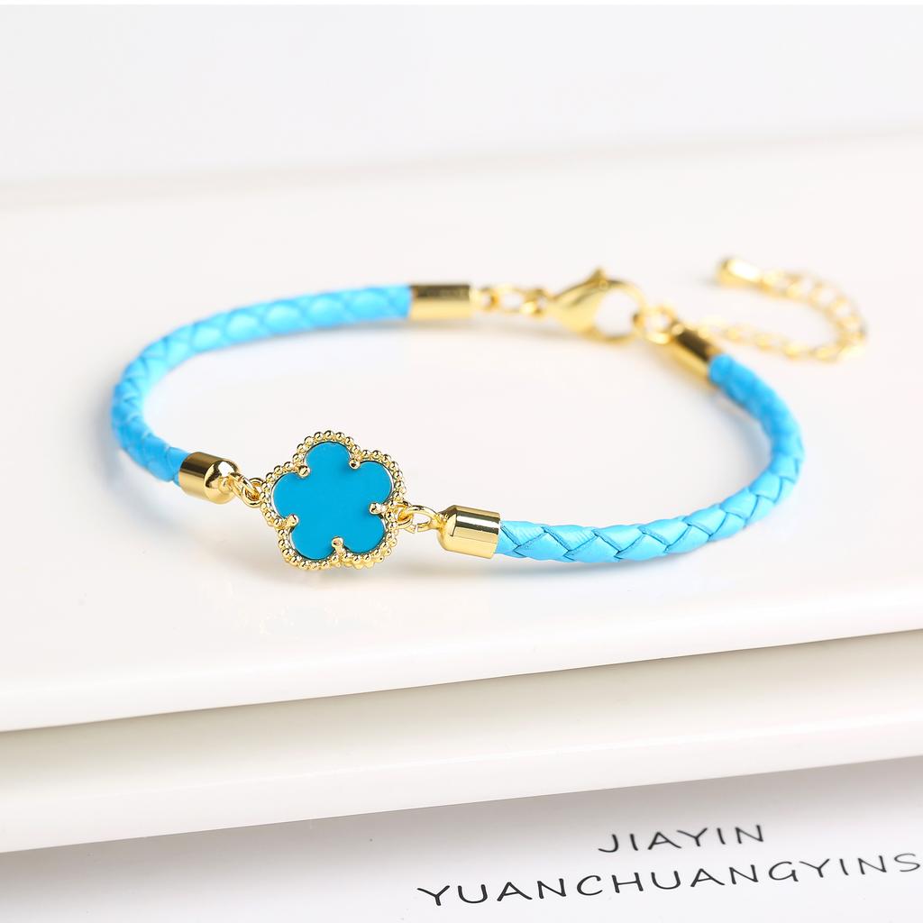 Klassisches geflochtenes Armband mit Charms aus echtem Leder und Naturstein, fünfblättrige Blume, für Damen Mädchen, Party, Hochzeit, Schmuck, Geschenk