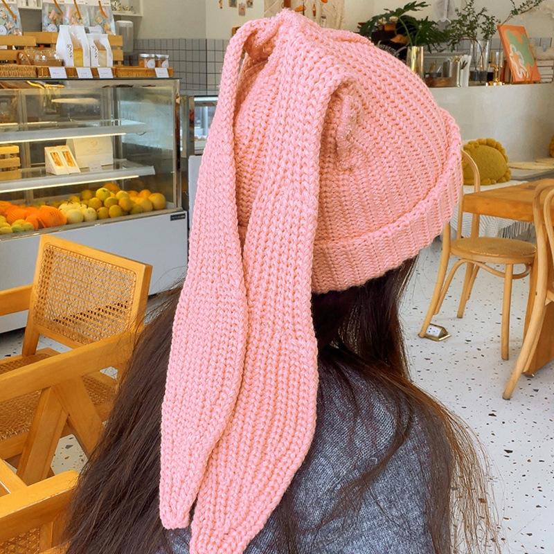 Cute Rabbit Long Ears Wool Hat for Women In Autumn and Winter Warmth and Thick Ear Protection and Cold Protection Knitted Hat Trend