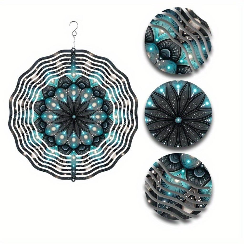 Turquoise Black 10 Inch Mandala Flower Metal Wind Spinner for Garden Balcony Patio Yard Decor All Season Outdoor Gift with 360 Hanging Hook