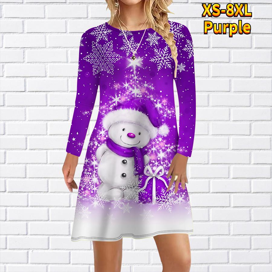 

Женское повседневное платье с милым принтом снеговика, платья для женщин с круглым вырезом и коротким рукавом, платье больших размеров 3XL фиолетовый