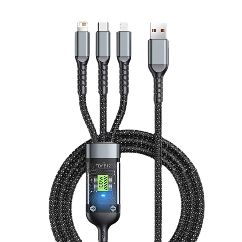 

3-в-1 USB 100 Вт 6 А Кабель Быстрой Зарядки Автомобильный USB на Type-C Micro LIGHTNING Кабель Для 16 15 14 13 Samsung Huawei 1.2m чёрный