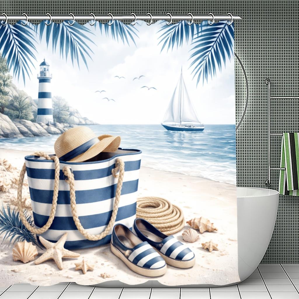 4Pcs Coastal Beach Shower Curtain Set with Non-Slip Bath Mat, Toilet Lid Cover, Contour Rug & 12 Hooks, Bathroom Decor