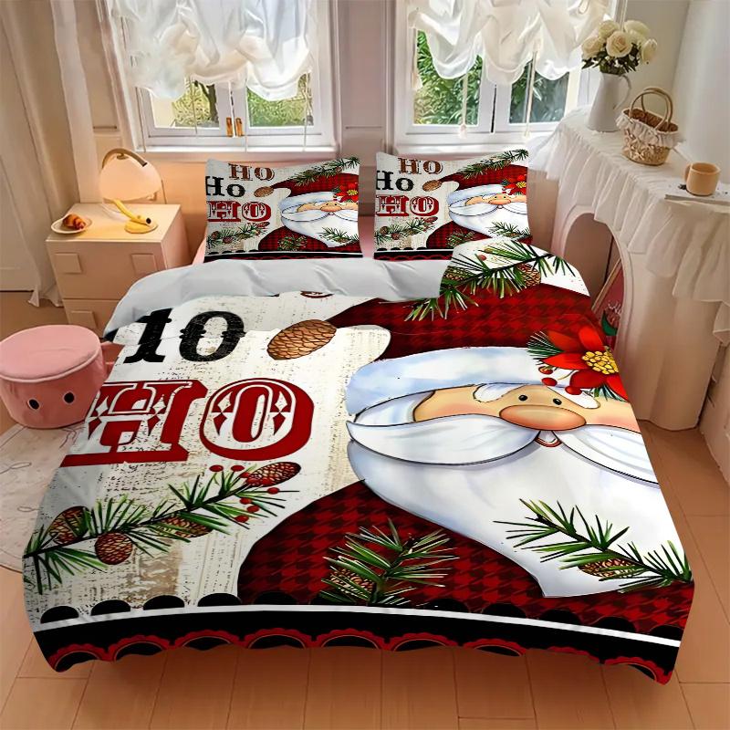 3-teiliges Weihnachtsmann "Ho Ho Ho" Bettwäsche-Set mit 1 Bettbezug und 2 Kissenbezügen (Kein Kern), Festliches Geschenk für Schlafzimmerdeko, Anime Cartoon