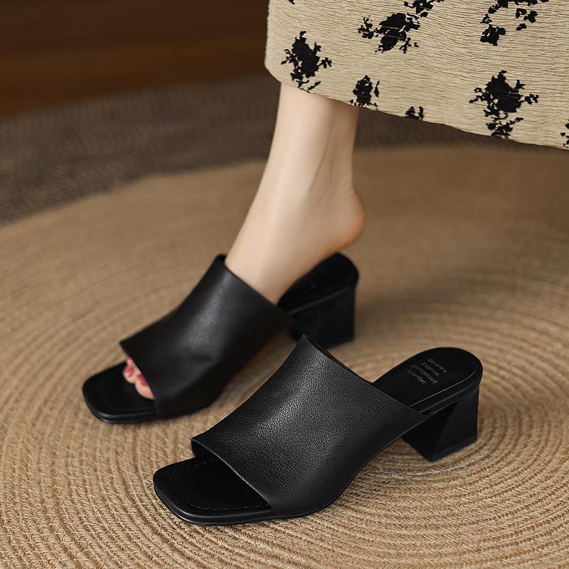 Mode 2025 Sommer Damen Schuhe Peep Toe Damen Sandalen Echtes Leder Damen Hausschuhe Elegant Gladiator Pantoletten Mittlere Absätze Partyschuhe