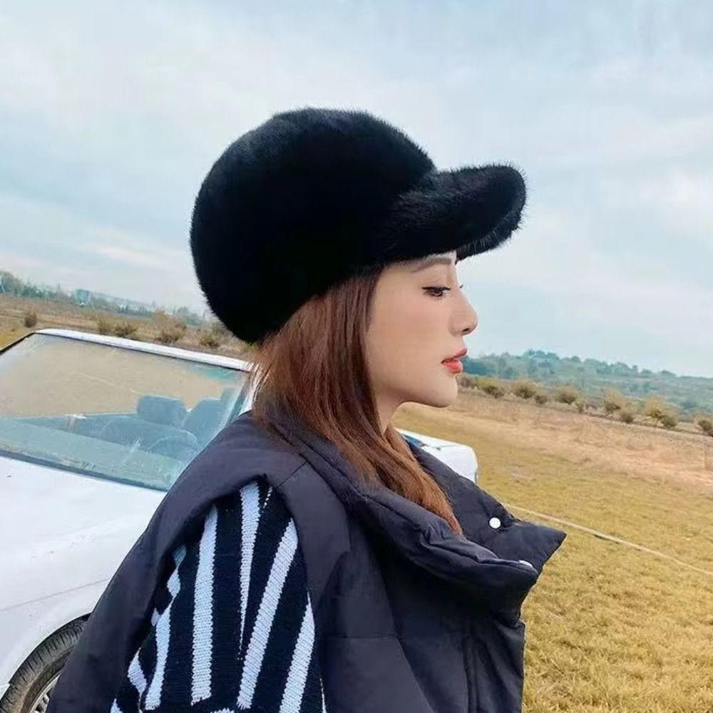 Solid Color Faux Fur Duckbill Hat Thickened Warm Plush Hat Casual Fluffy Baseball Hat Outdoor