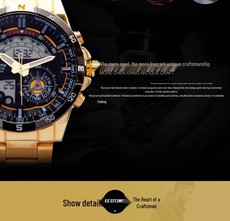 AMST Aimeishi Dual Display Waterproof Quartz Men's Watch - Gold