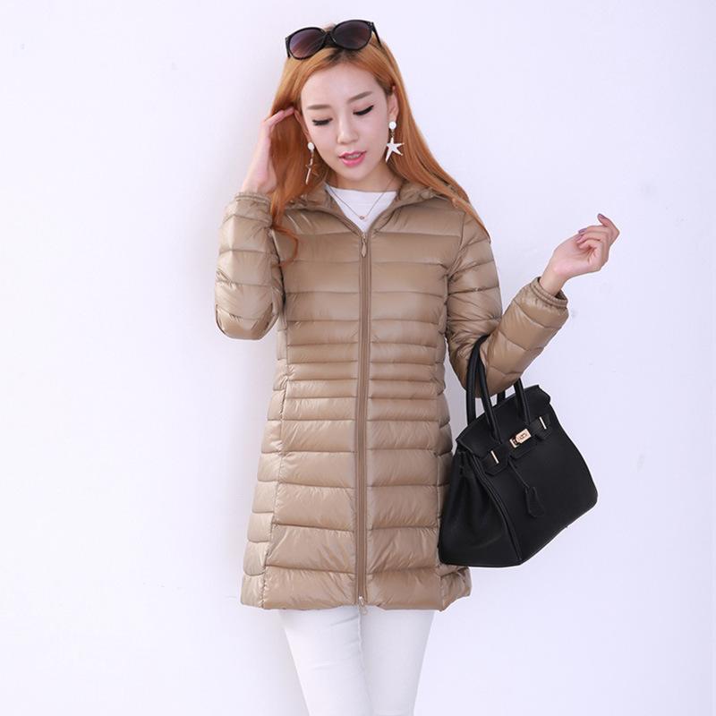 Pinghu leichte und dünne Daunenjacke Damen mittel und lang mit Kapuze Herbst und Winter neu schlank und leicht dünn große Größe Mantel