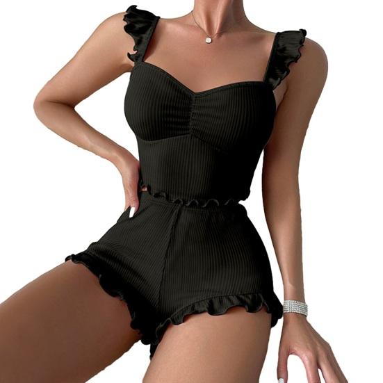 

Women s Ribbed Pajamas Set Ruffle Trim Sleeveless Crop Top And Shorts 2 Piece Sleepwear Summer Casual Lounge Matching Set S