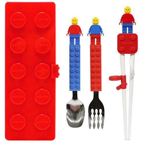 Stylish Oxford Block Figure Training Chopsticks, Spoon, Fork, and Case Set for Right-Handed Kids and Children (Red)