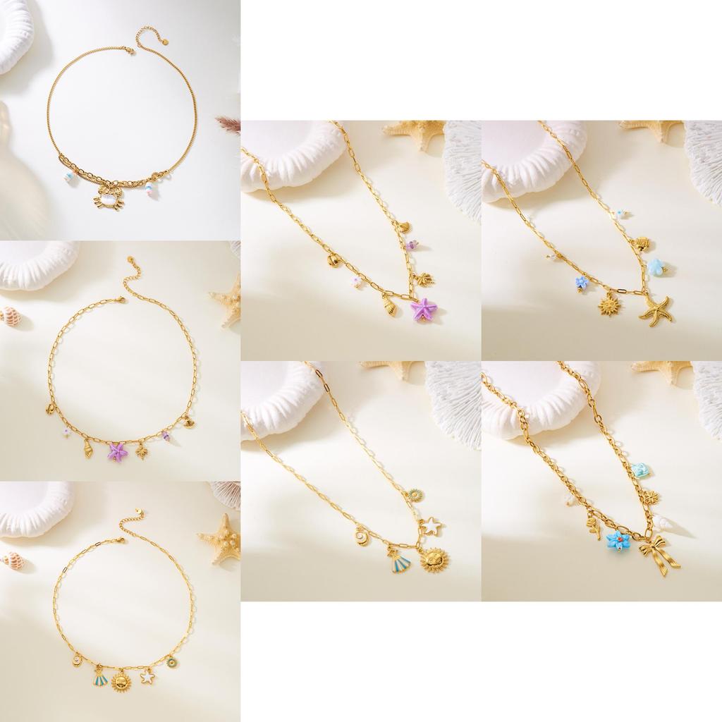 Summer Beach Vacation Jewelry Multilayer Stainless Steel Crab Shell Turtle Pendant Necklace For Women