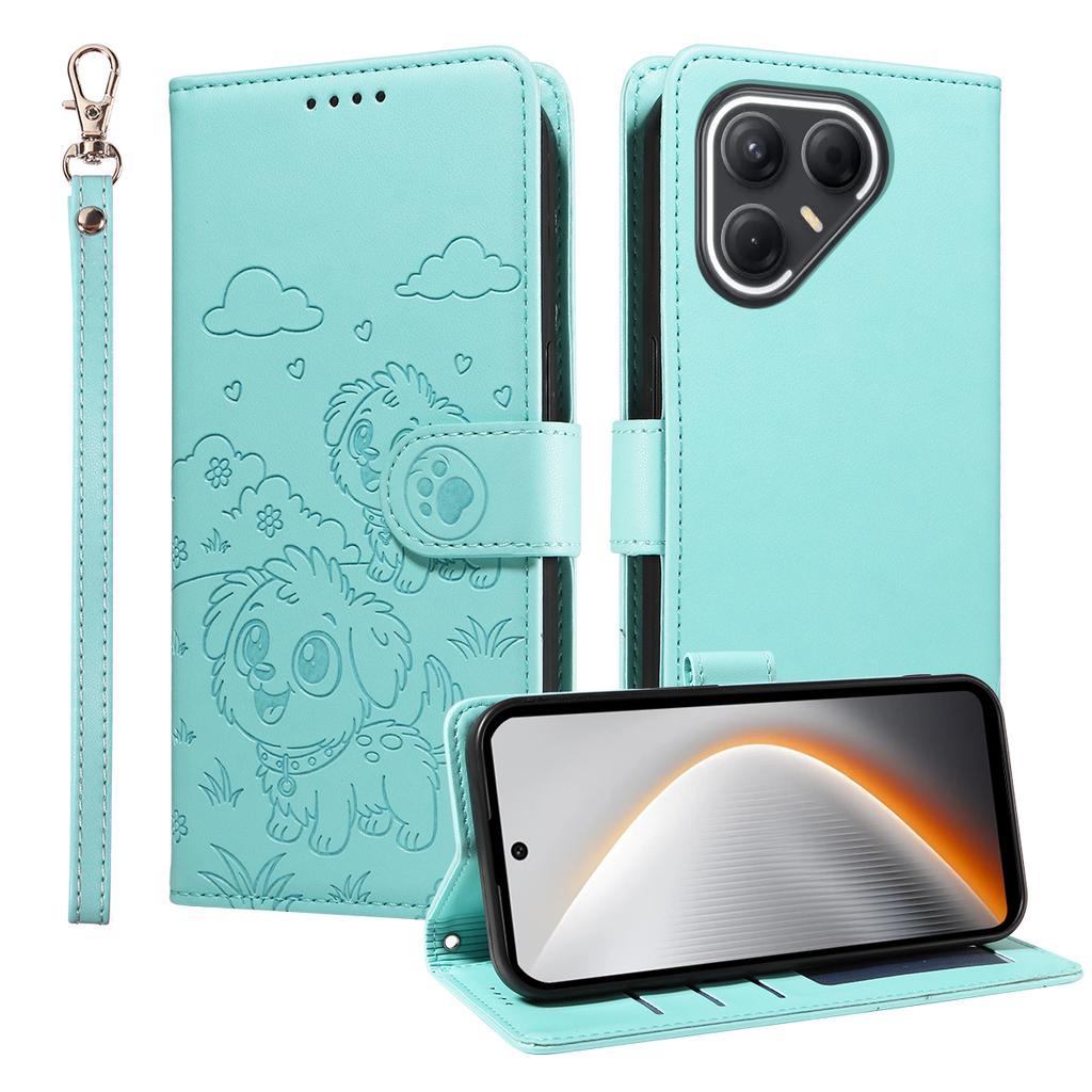 Etui dla TECNO Pova 7 5G z blokadą RFID, z nadrukowanym wzorem psa, wykonane ze skóry PU, pokrowiec na telefon ze smyczą na nadgarstek