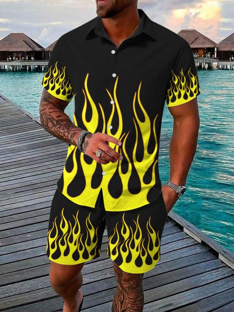 Summer Beach Party Men's Casual Men's Hawaiian Short-sleeved Shirt And Beach Shorts Set